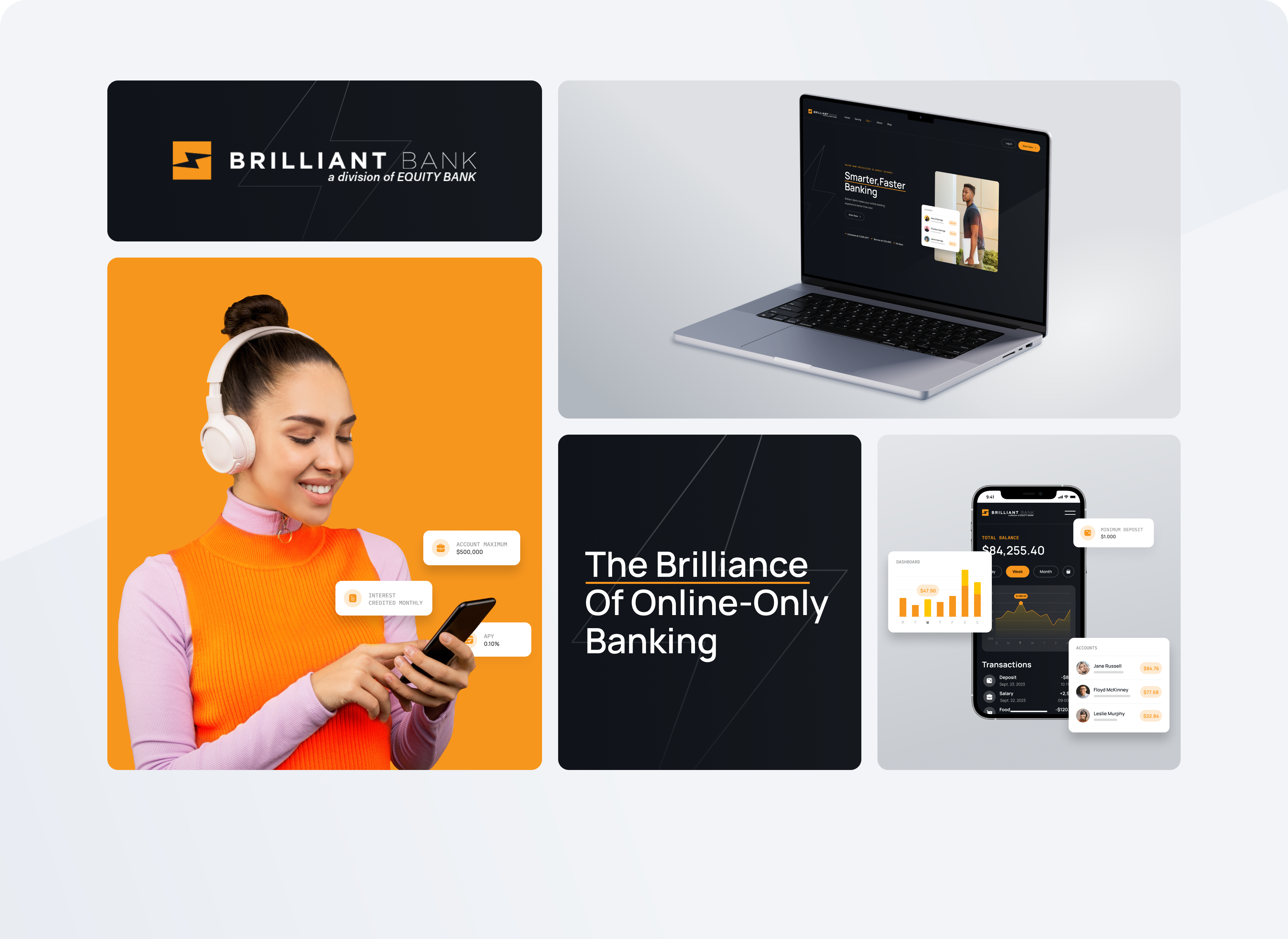 Grid layout showcasing features of Brilliant Bank's website and app (including multiple accounts, charts for transaction history) and the Brilliant Bank logo