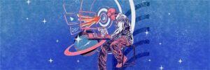 Man on a stool works at a laptop while glowing screens orbit a rocket toward a target in a blue space-themed illustration.