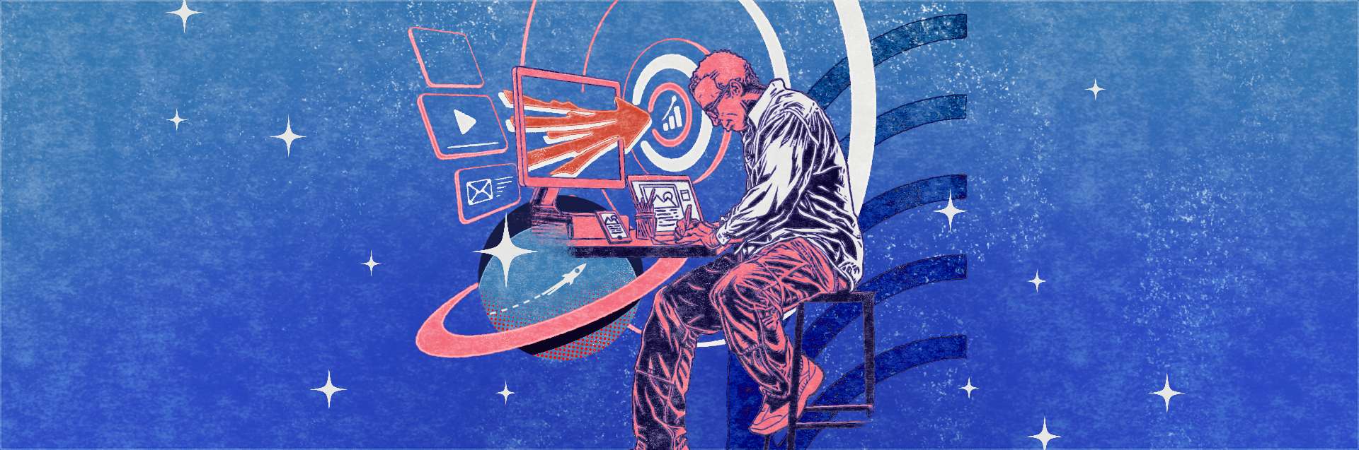 Man on a stool works at a laptop while glowing screens orbit a rocket toward a target in a blue space-themed illustration.