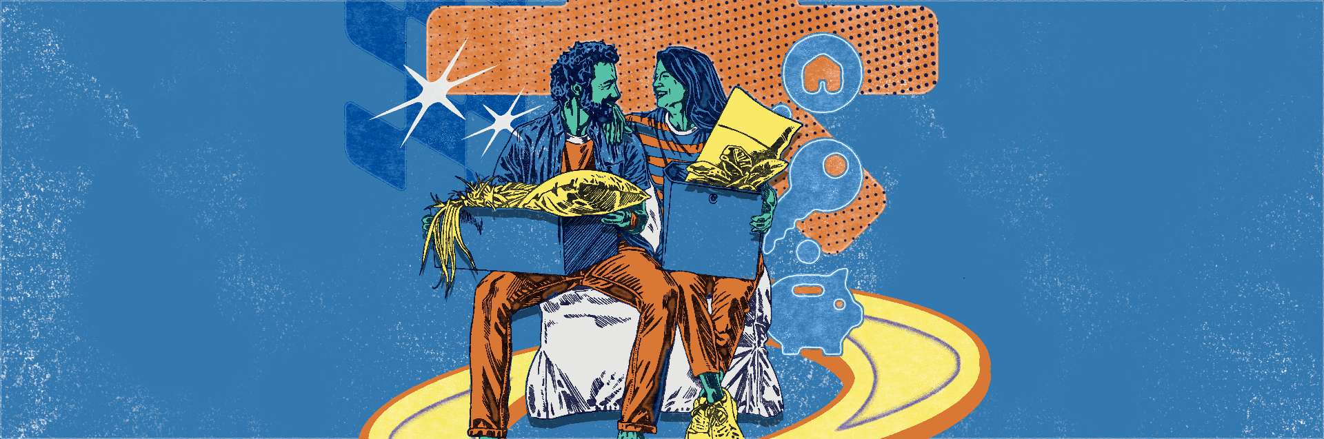 Couple sitting together, each holding a blue box overflowing with groceries (corn, fish) against a blue abstract backdrop.