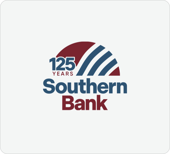 Southern Bank logo celebrating 125 years, with blue 'Southern' and red 'Bank' beneath, accompanied by blue arc stripes on a light background.