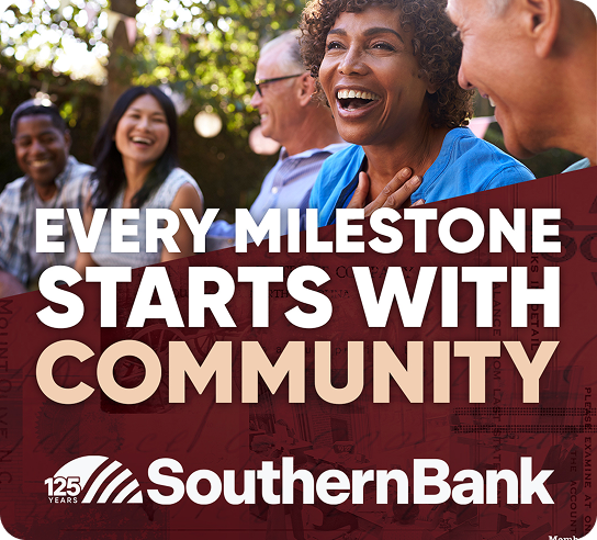 Diverse group of people smiling outdoors with a bold slogan reading 'Every milestone starts with community' and a Southern Bank logo.