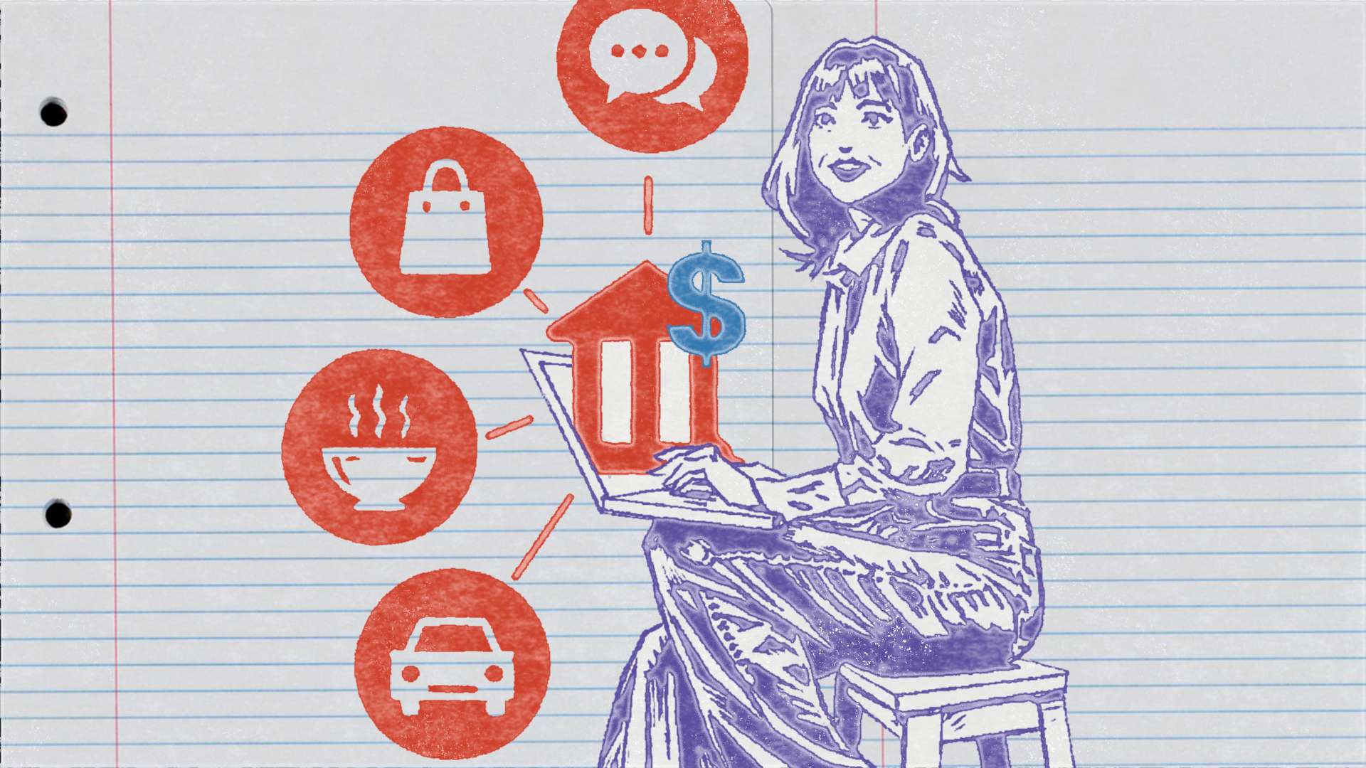 Woman using a laptop with red icons for shopping, money, home, car, coffee, and chat around her; conveys online shopping.
