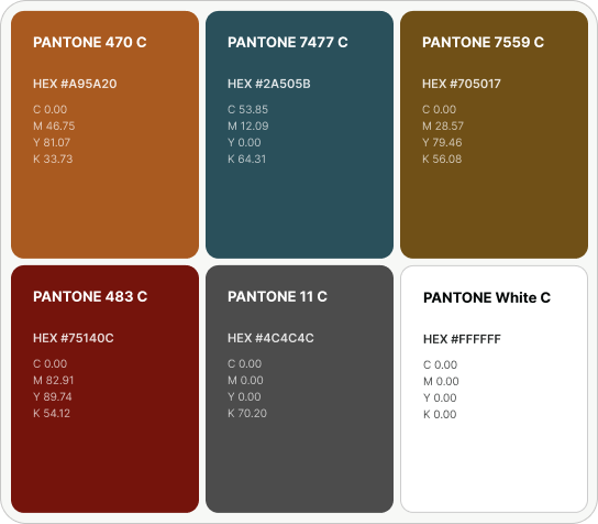 Palette of six Pantone color swatches in a 2x3 grid with each swatch showing its Pantone name and hex code: Pantone 470 C #A95A20, Pantone 7477 C #2A505B, Pantone 7559 C #705017; Pantone 483 C #75140C, Pantone 11 C #4C4C4C, Pantone White C #FFFFFF.