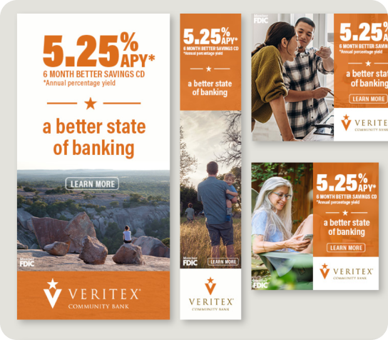 Ad collage for Veritex Community Bank promoting 5.25% APY and 'a better state of banking' with scenic landscapes and people images, learn more button visible.