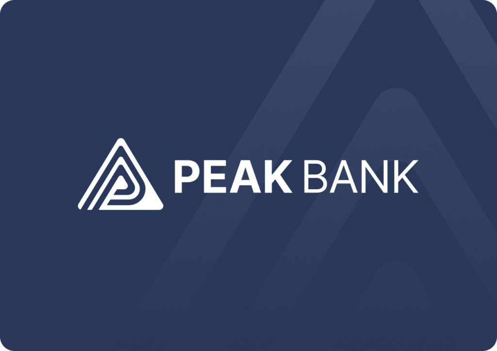 brand-identity-two-col-img-1 | HIFI Agency | Financial Marketing Agency Peak Bank logo with triangular icon and text on a dark blue background with diagonal stripes on the right side