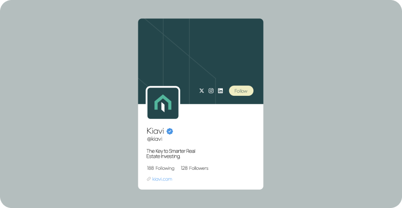 brand-identity-visual-system-img-2 | HIFI Agency | Financial Marketing Agency Kiavi's social profile card: dark teal header with logo badge, name Kiavi (@kiavi), verified, bio about smarter real estate investing, link kiavi.com