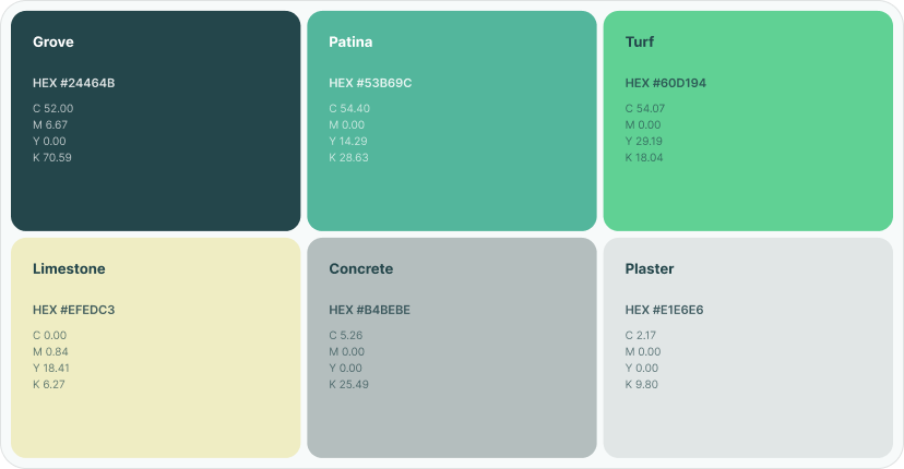 Grove: dark teal color swatch, HEX #24464B (color block with name Grove).](#)