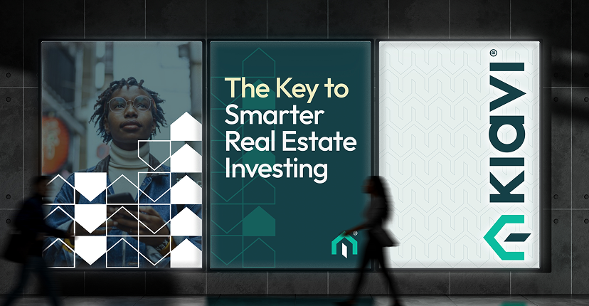 brand-identity-visual-system-img-4 | HIFI Agency | Financial Marketing Agency Three backlit posters: left shows a person with geometric shapes; middle reads 'The Key to Smarter Real Estate Investing'; right a vertical 'KEYLY' logo.