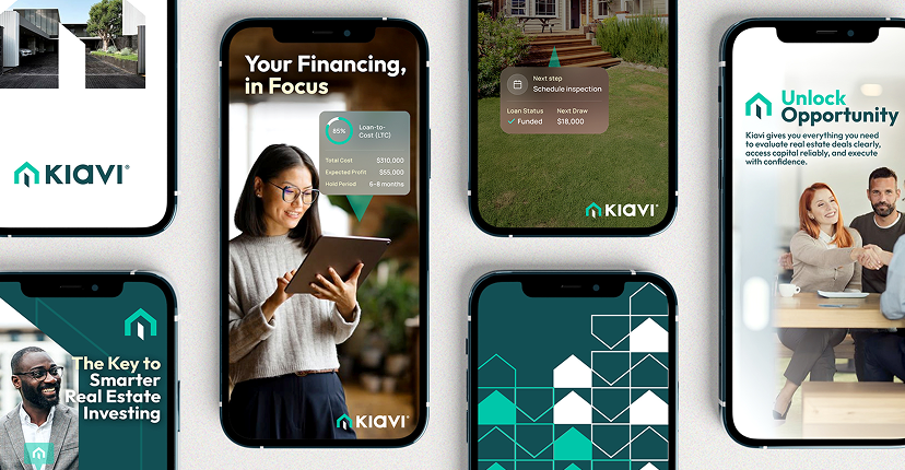 brand-identity-visual-system-img-6 | HIFI Agency | Financial Marketing Agency Collage of smartphone screens showing Kiavi app features like financing focus, loan details, and schedule inspection, with 'Unlock Opportunity' messaging as branding appears on multiple devices.