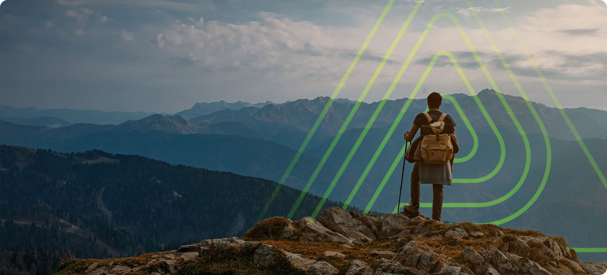 Hiker with a backpack standing on a rocky summit, overlooking a layered mountain range under a cloudy sky with a lime-green geometric overlay.
