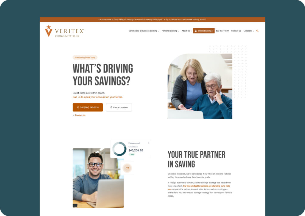 Veritex Community Bank homepage hero: bold headline 'What’s Driving Your Savings?' with an image of an elderly couple and a brown CTA button next to it.