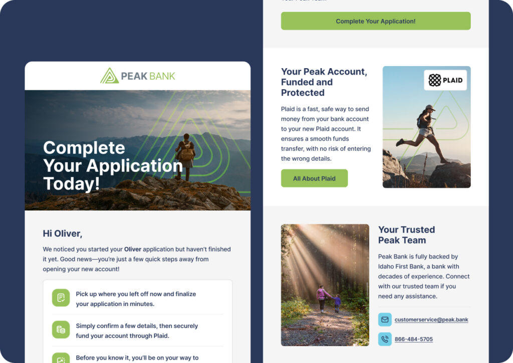 digital-product-experience-two-col-img-2 | HIFI Agency | Financial Marketing Agency Peak Bank marketing layout: left hero with 'Complete Your Application Today!' and a hiker on a mountain; right panels about Plaid and a team contact card.