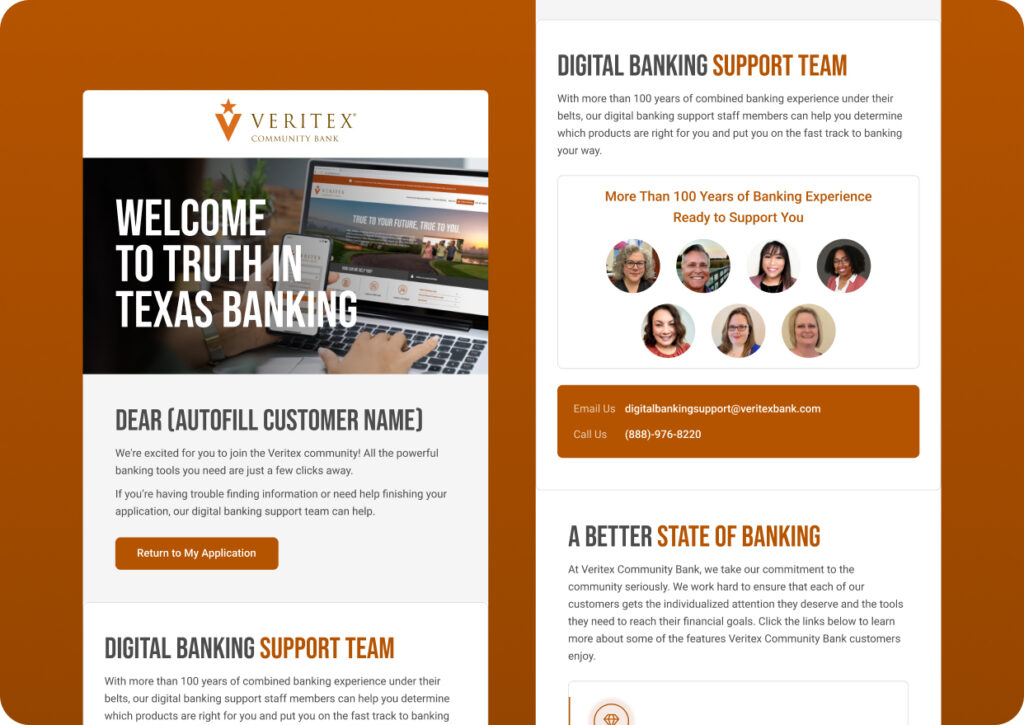 Two-panel bank marketing mockup: left shows Veritex Welcome to Truth in Texas Banking with a call-to-action button; right promotes Digital Banking Support Team with team photos and contact info.