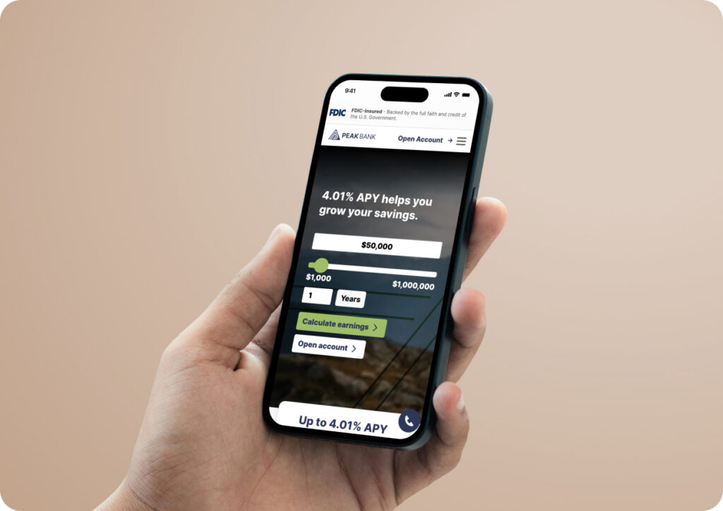 digital-product-experience-two-col-img-4 | HIFI Agency | Financial Marketing Agency Hand holding a smartphone displaying a bank app with a 4.01% APY savings calculator
