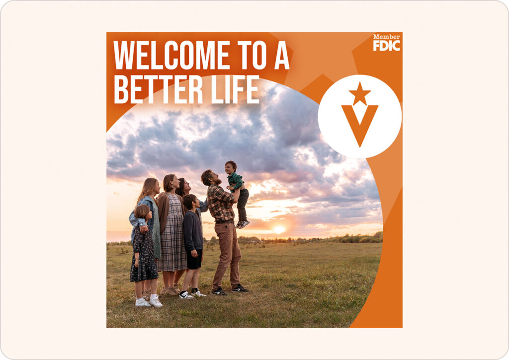 Family of adults and children in a field at sunset, a man lifts a child, with bold orange poster text 'Welcome to a Better Life' and an FDIC logo.