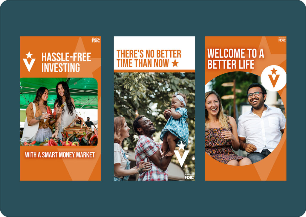 Poster 1: Outdoor market scene with two smiling women; orange banner reads 'HASSLE-FREE INVESTING' and 'WITH A SMART MONEY MARKET' (FDIC branding).