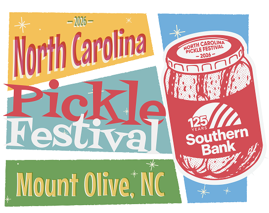 Colorful festival poster for the 2026 North Carolina Pickle Festival in Mount Olive, NC, with a pickle jar and Southern Bank logo.
