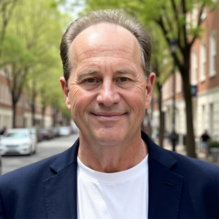Smiling man in a navy blazer and white shirt standing on a tree-lined city street with buildings in the background.