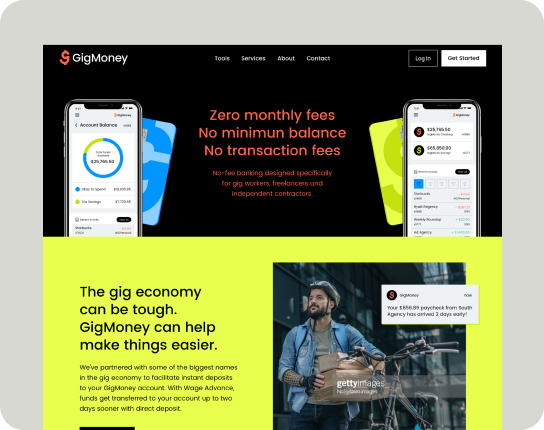 GigMoney homepage hero with two phone screens, black banner showing 'Zero monthly fees' and a concise subhead.