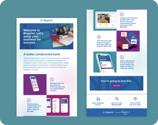Two-page Bluprint brochure showing banking features like setup for success, managing funds, and mobile app screenshots with a blue theme.
