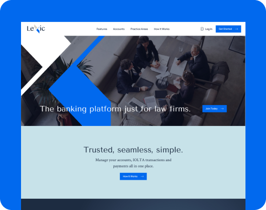 Hero banner for a law-firm banking platform: a team meeting around a table with blue geometric overlays and the headline 'The banking platform just for law firms.'
