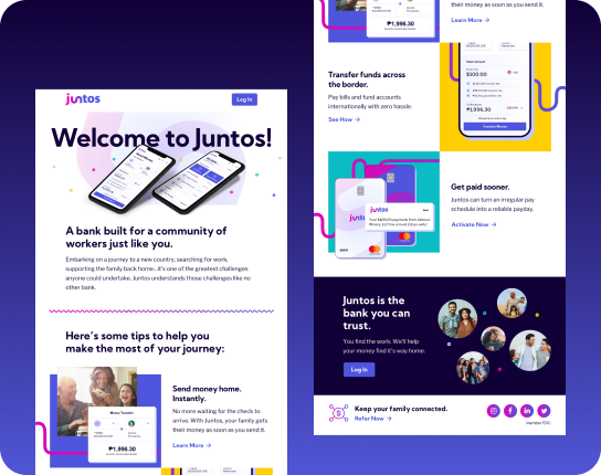 Promo landing page for Juntos bank showing two smartphones with app screens on a purple gradient background and a 'Welcome to Juntos!' heading with a Login button in the top area.