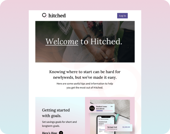 Hitched homepage screenshot with logo, Log In button, and a large hero banner that says 'Welcome to Hitched' over an image of a couple holding hands, followed by introductory text and two content sections.