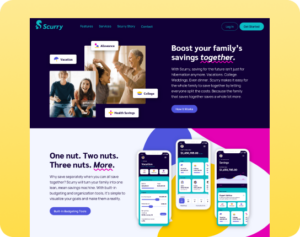 Hero section for Scurry app: dark purple banner with headline about boosting family savings, collage of family photos labeled with Vacation, Allowance, College, Health Savings, plus device screens showing the app.