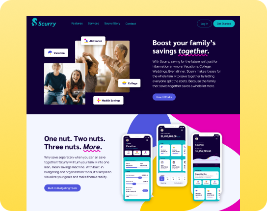 Hero section for Scurry app: dark purple banner with headline about boosting family savings, collage of family photos labeled with Vacation, Allowance, College, Health Savings, plus device screens showing the app.