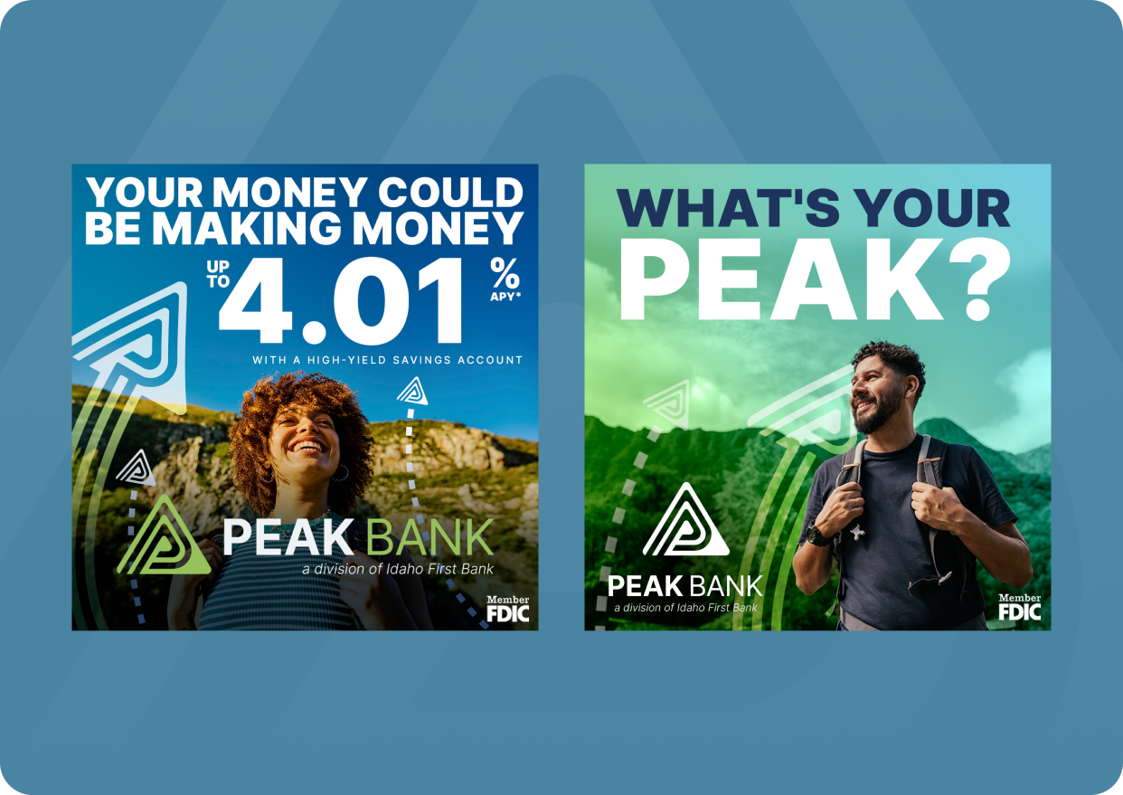 strategy-positioning-two-col-img-1 | HIFI Agency | Financial Marketing Agency Two Peak Bank posters side by side: left shows a smiling woman under bold blue headline promoting up to 4.01% APY with the Peak Bank logo; right shows a man with a backpack under a green gradient headline 'WHAT'S YOUR PEAK?' with Peak Bank branding.
