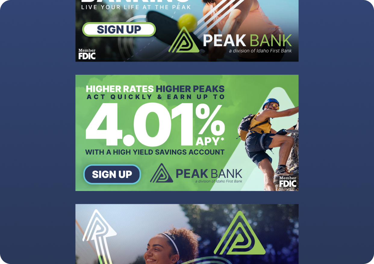 strategy-positioning-two-col-img-2 | HIFI Agency | Financial Marketing Agency Bright green Peak Bank ad: big '4.01% APY', climber image, and a prominent 'SIGN UP' button; Peak Bank logo featured.