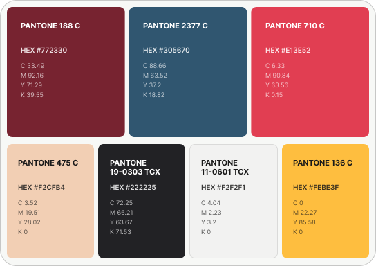 Palette of Pantone color swatches with hex values: 188 C #772330, 2377 C #305670, 710 C #E13E52, 475 C #F2CFB4, 19-0303 TCX #222225, 11-0601 TCX #F2F2F1, 136 C #FEBE3F