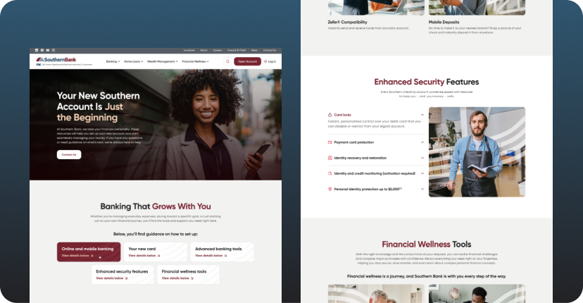 Screenshot of a banking website homepage with a hero image of a smiling person and a prominent call-to-action button on the left panel.