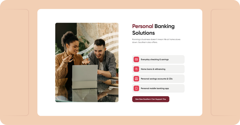 Two people look at a laptop together beside a white panel titled 'Personal Banking Solutions' with a list of banking services on the right that reads like everyday checking and savings, home loans, personal accounts, and mobile banking.