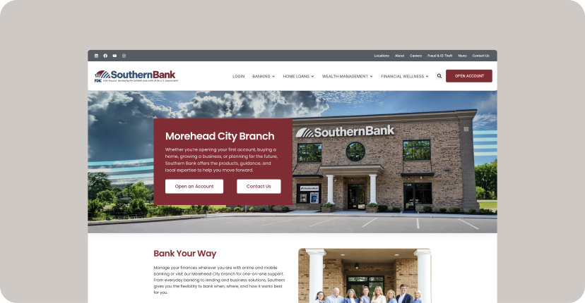 Bank homepage hero featuring Morehead City Branch promotion over an exterior of a Southern Bank branch with a top navigation bar