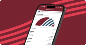 Tilted smartphone showing a mobile banking app with a red/blue curved logo and an accounts list on screen