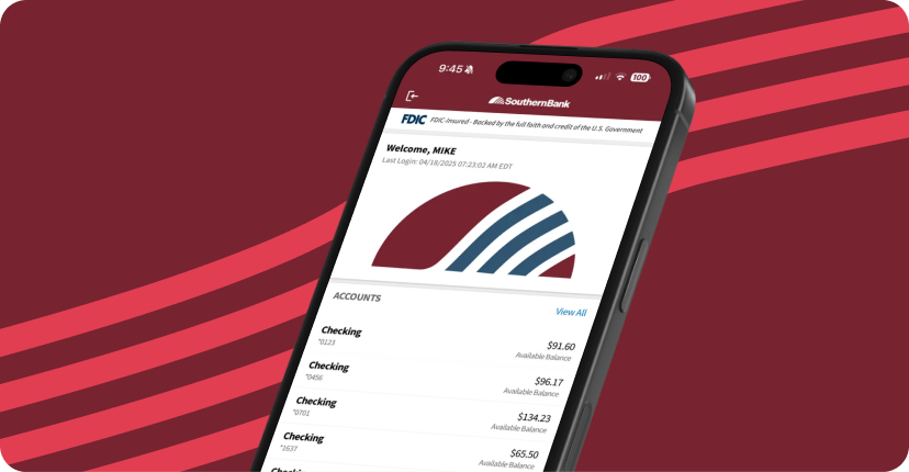 Tilted smartphone showing a mobile banking app with a red/blue curved logo and an accounts list on screen