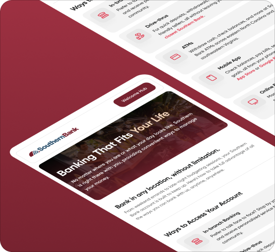 Tilted mobile banking app screen for Southern Bank showing a hero banner 'Banking That Fits Your Life' and feature sections on a maroon gradient background.
