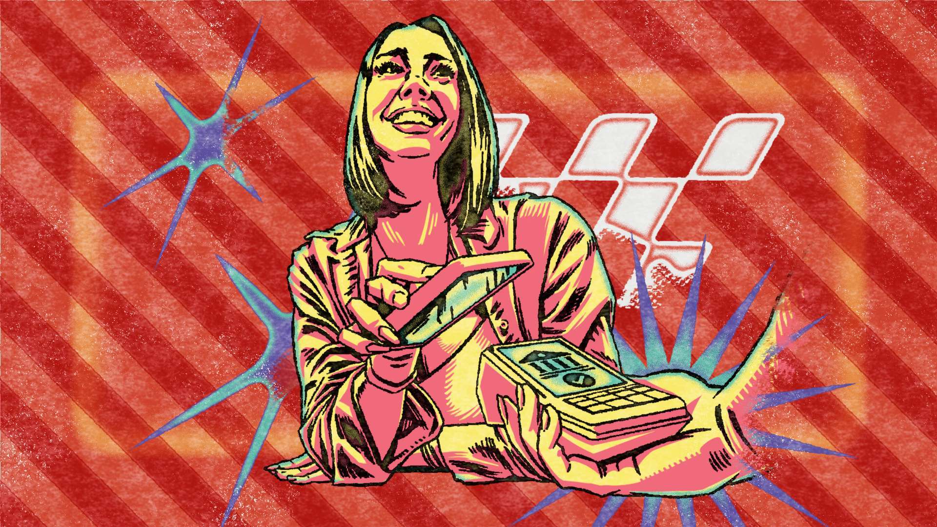 Colorful pop-art illustration of a smiling woman pointing at a calculator with a credit card in hand against a red striped background.