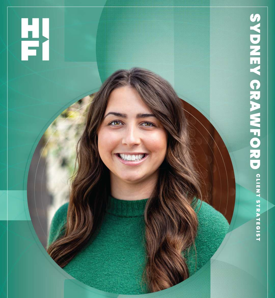 Portrait of Sydney Crawford smiling in a green sweater, on a teal graphic profile card labeled 'Sydney Crawford — Client Strategist'.